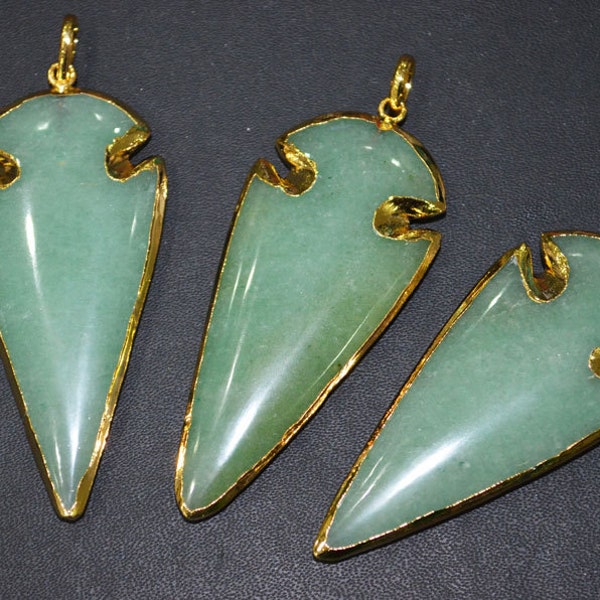 Natural Australian Jade BIG Arrowhead Pendant Charm with 24 kt Gold Electroplated Edge-60 mm approx,, Whole Sale Price