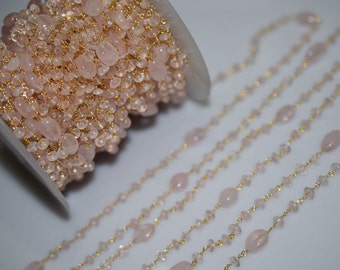 1 FOOT Natural Rose Quartz Wire Wrapped Beaded  and Oval Chain 4 mm, Rose quartz Gold Wire Wrapped Rosary Chain , 50AA74