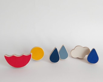 Wooden knobs for children's drawers, umbrella, cloud, sun and drops, playful knobs, kids furniture