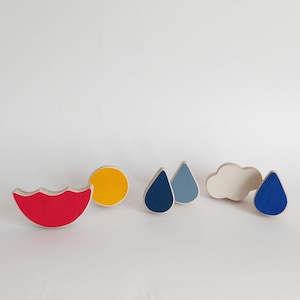 Wooden knobs for children's drawers, umbrella, cloud, sun and drops, playful knobs, kids furniture