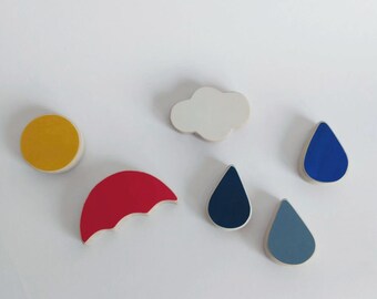 Nursery wall hooks -umbrella, cloud, sun and drops- wooden hooks for kids