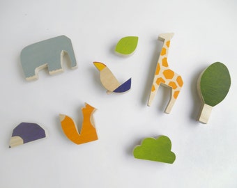 Animal wall hooks for nursery, wooden wall hangers for kids room