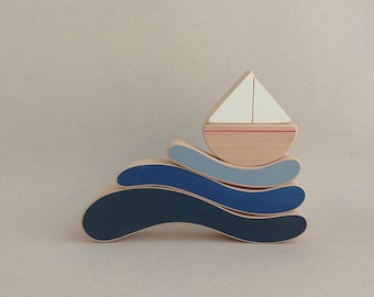 The boat & waves stacking toy - wooden toy boat