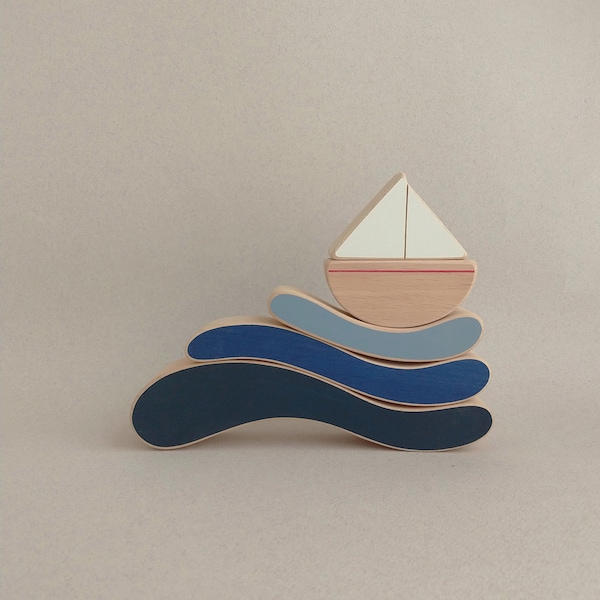 The boat & waves stacking toy - wooden toy boat