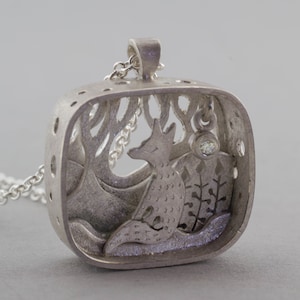 Silver fox and diamond shimmering star necklace pendant ~ handmade animal jewellery