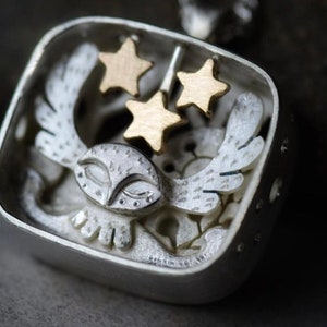 Owl and stars silver and 9ct gold necklace, handmade ethical animal jewellery
