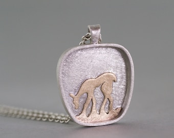 Silver and gold deer in the trees necklace pendant, handmade woodland inspired animal jewellery