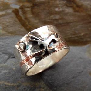 Hare and moon ring, silver and copper, leaping hare and moon, ethical, handmade jewellery, unisex ring, UK