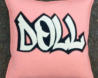 WOOL CUSHION ‘DOLL’ cover, vintage blanket, cream, letters, words, birthday, love, pink, Scottish sass, graffiti font, retro.