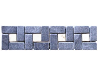 Tumbled Marble Border Tile, Blue Black Bathroom Backsplash Trim, Mesh Mounted Floor Mosaic Liner Farmhouse Rustic Design