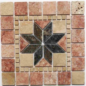 30cm Square Marble Mosaic Tile, Handcrafted Seljuk Star Medallion, Tumbled Travertine Stone Floor Inlay