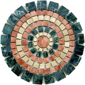 May include: Circular mosaic tile design with a concentric pattern of square tiles. The mosaic features dark green, red, beige, and a central reddish-brown circle. The tiles are arranged on a mesh backing.