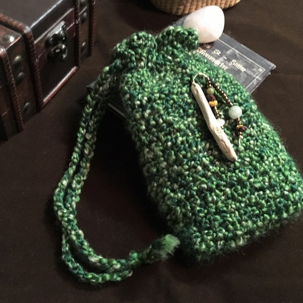 Woodland Green Tarot Bag with Driftwood - Druid Crane Bag, Tarot Pouch, Elfin Pouch, Festival Bag, Elven Bag