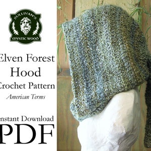 May include: A crochet hooded cowl in shades of green and blue. The cowl is made with a textured stitch and has a long tail that can be worn as a scarf. The pattern is called "Elven Forest Hood" and is available as an instant download PDF in American crochet terms.