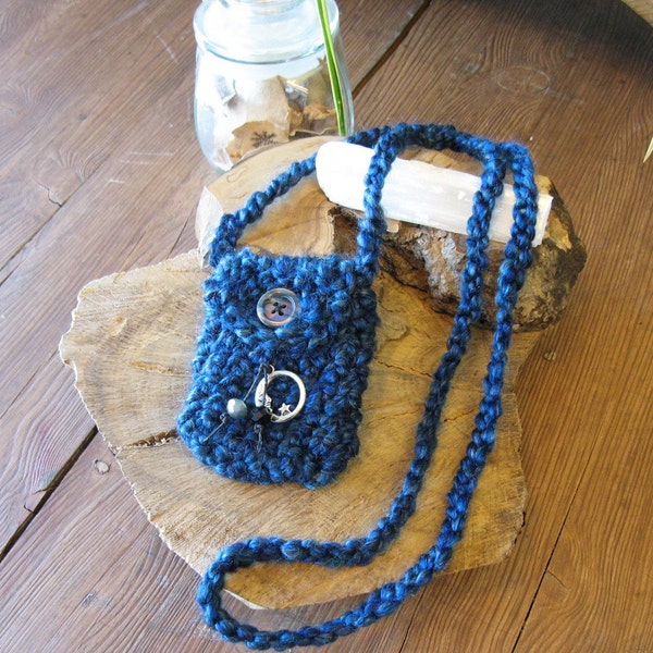 Pouch Necklace, Festival Pouch, Witch Bag, Elven, Moon Pouch, Medicine Bag, Mini Crochet Pouch, Stash Bag, Blue Necklace Bag, Amulet, Pagan