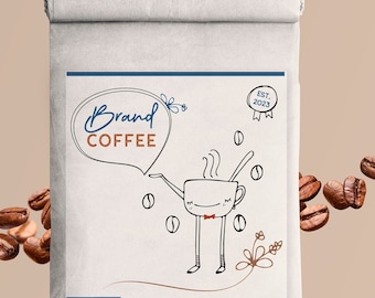 Custom coffee bag Label design. Kitsch & cute product packaging design for coffee pouch. Coffee label template for print. Printable labels.