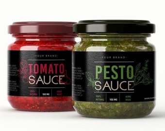 Custom sauce spice jar labels template, Personalized hot tomato pesto sauce label, Sauce bottle label, Custom Food label packaging design