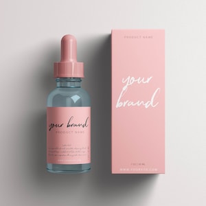 Embalaje cosmético y cajas personalizadas para botellas cuentagotas. Diseño rosa para productos cosméticos con logotipo.  Etiquetas cosméticas para frascos o goteros