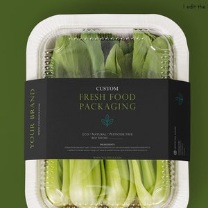Custom sleeve or band for fresh food containers, Salad packaging labels design, Printable food packaging sleeve, Vegetable food packaging.