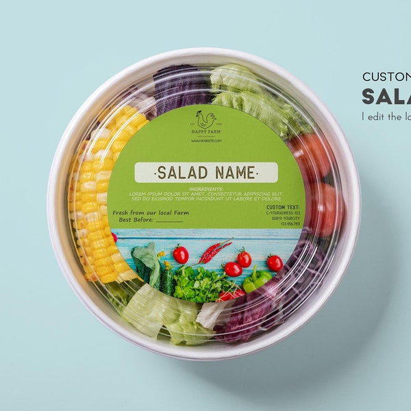 Personalisiertes Salatetikett für Behälter zum Mitnehmen, Personalisiertes Design für frische Lebensmitteletiketten, Druckbare Lebensmittelverpackungsetiketten, Salatschachtel-Aufkleber-Etikett.
