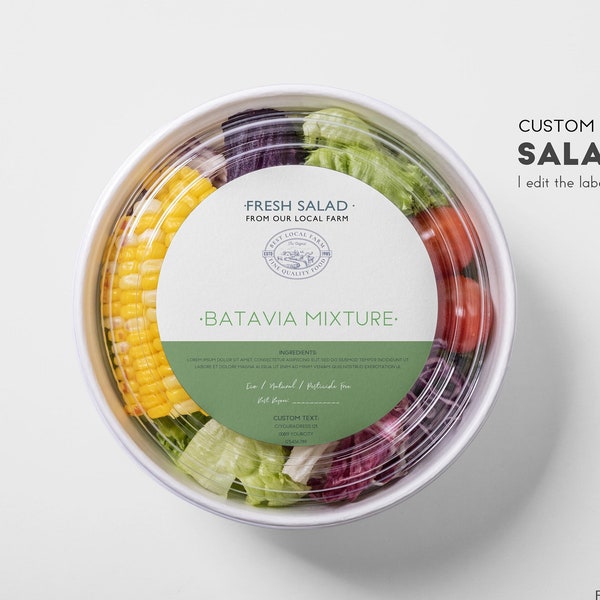 Étiquette de salade personnalisée pour les contenants à emporter, conception d’étiquettes d’aliments frais personnalisées, étiquettes d’emballage alimentaire imprimables, étiquette autocollante de boîte à salade.