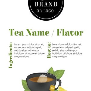 Custom Tea Label for stand up pouch paper tea bags.Printable custom label design for tea product.Tea packaging design for small tea business image 2