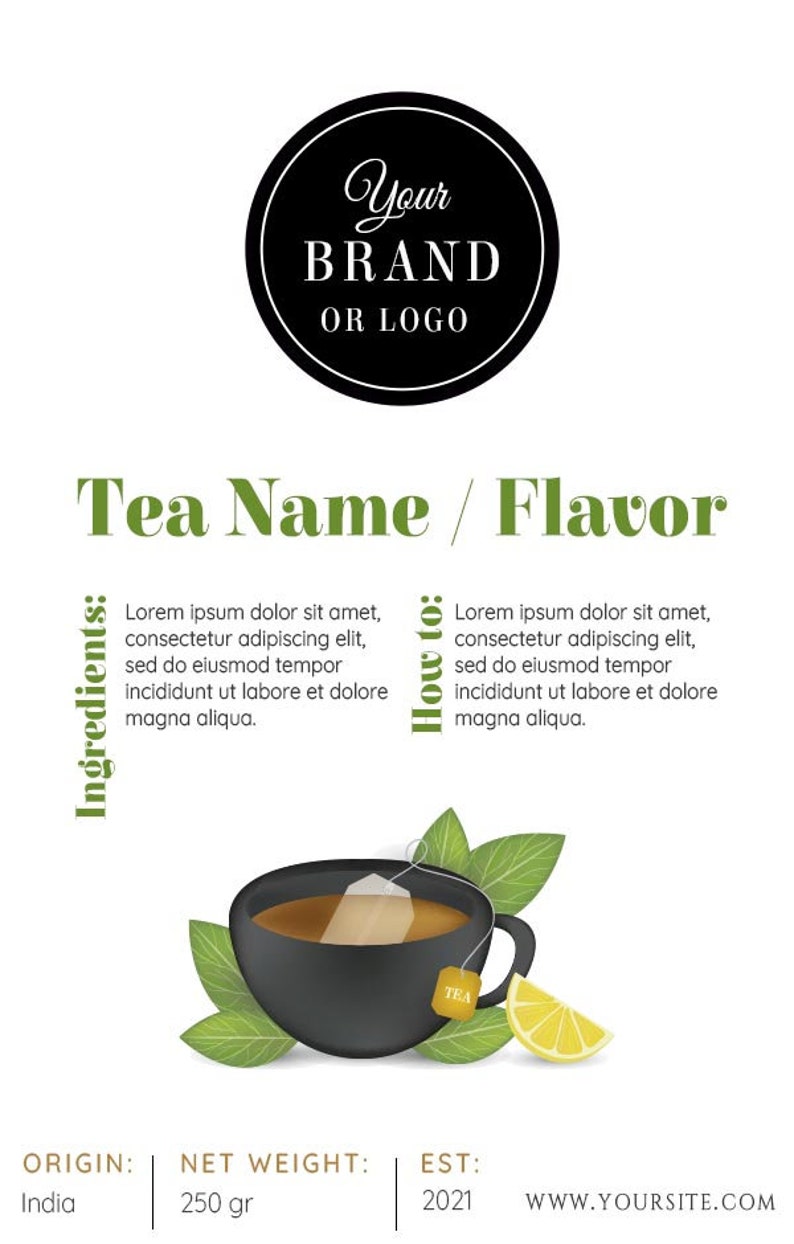 Custom Tea Label for stand up pouch paper tea bags.Printable custom label design for tea product.Tea packaging design for small tea business image 2