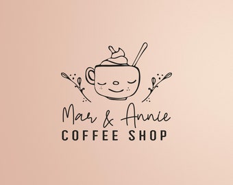 Custom hand drawn coffee cup logo for a coffee shop or tea business.Original and cute logo design for bakery, kitchen or food.Flower logo.