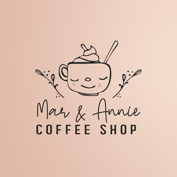 Premade hand drawn coffee cup logo for a coffee shop or tea business.Original and cute logo design for bakery, kitchen or food.Flower logo.