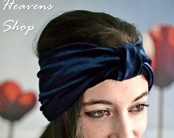 Turban Stirnband Dunkelblau Velour Boho Blau Samt Knoten Haarbandana Haar wrap Damen Accessoire - Handmade