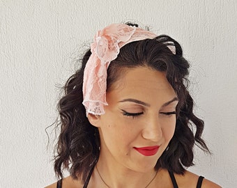 Womens Pink Lace Headband Hair Scarf Head Scarf Hair Covering Long Hair Accessory, Tie Back Headscarf Retro Summer Head Scarfes For Womens