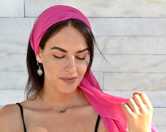 Fuchsia Chiffon 1970's Retro Head Scarf, Unique Hippie Head Wraps for Women, Wide Headscarf, Vintaje Boho Hair Scarf for Women Teen Girls