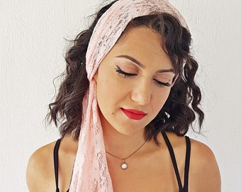 Womens Pink Lace Headband Hair Scarf Head Scarf Hair Covering Long Hair Accessory, Tie Back Headscarf Retro Summer Head Scarfes For Womens