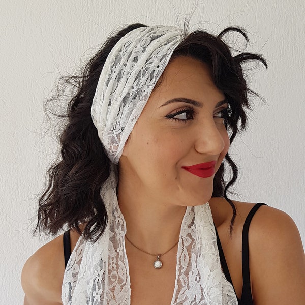 Womens Ivory Lace Headband Hair Scarf Women Head Scarf Hair Covering Long Hair Accessory, Tie Back Headscarf Retro Summer Ivory Head Scarfes