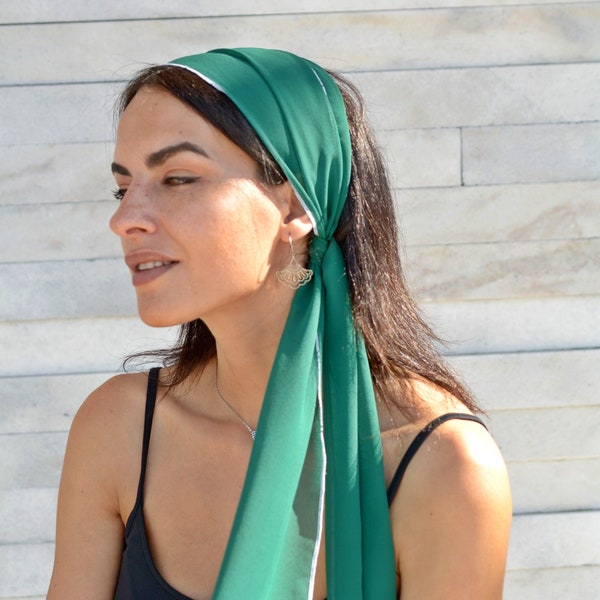Green Soft Chiffon 1970's Retro Head Scarf, Unique Hippie Head Wraps for Women, Wide Headscarf, Vintaje Boho Hair Scarf for Women Teen Girls