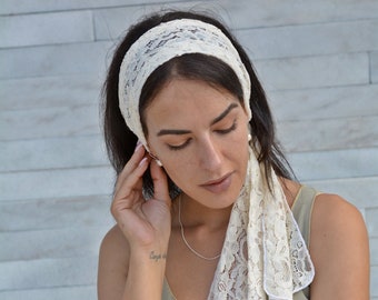 Womens Cream Cotton Lace Rustic Natural Fabric Organic Headband Headscarf Hair Covering Long Hair Accessory Tie Back Headscarf Retro Summer