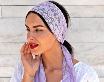 Lavender Hair Scarf Lovely Sheer Chiffon Colors Headbands, Lilac Hat Scarf Lace Skinny Scarf, Ponytail Bun Tie Purple Head Wrap Gift for Her