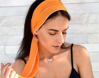 Orange Headband Women Hair Scarf, Chiffon Workout Head Scarfs, Hair Covering Long Hair Accessory Headscarf Retro Head Scarf Fashion Headband