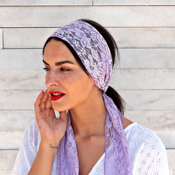 Lavender Hair Scarf Lovely Sheer Chiffon Colors Headbands, Lilac Hat Scarf Lace Skinny Scarf, Ponytail Bun Tie Purple Head Wrap Gift for Her