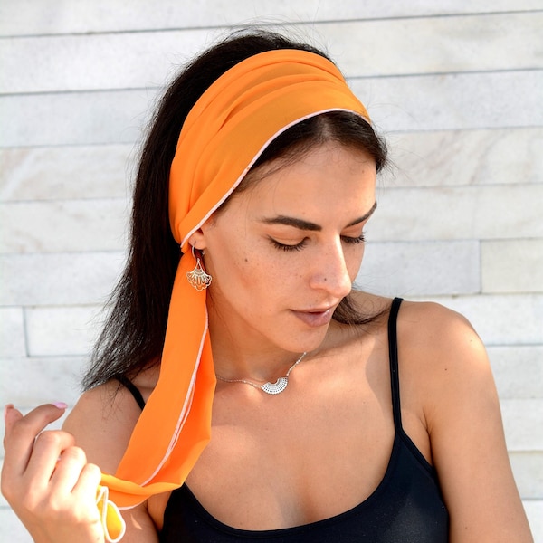 Bandeau orange femmes foulard de cheveux, foulards d’entraînement en mousseline de soie, couvre-cheveux accessoire de cheveux longs foulard rétro foulard de mode bandeau