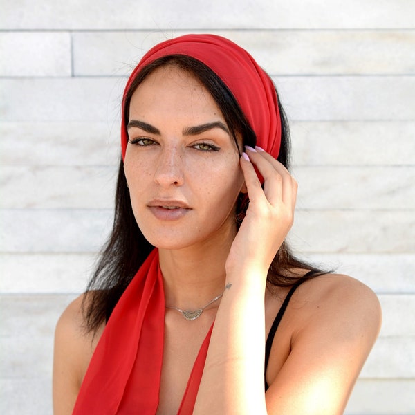 Red Headband Women Hair Scarf, Chiffon Workout Head Scarfs, Hair Covering Long Hair Accessory Headscarf Retro Head Scarf Fashion Headband