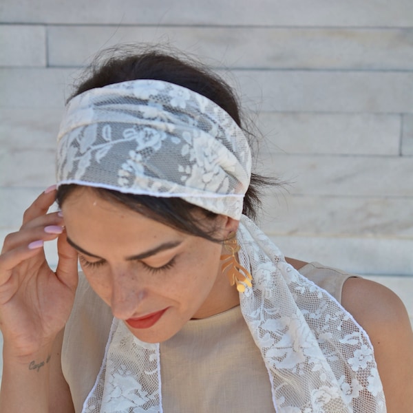 Ivory Retro Stile Lace Rustic Floral Fabric Vintage Headband Headscarf Hair Covering Long Hair Accessory Tie Back Headscarf Bohemian Summer