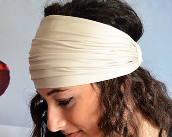 Yoga Beige Headband Wide Stretchy Jersey Turban Bandana, Elastic Jersey Vintage Stile Rustic Turban Headbands, Womens Workout Accessories