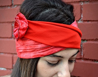 Girls Coral Red Stretchy Turban Headband with Flower, Handmade Stretcy Elegant Red Coral Headband Turban, Summer Hair Accessories Women Gift