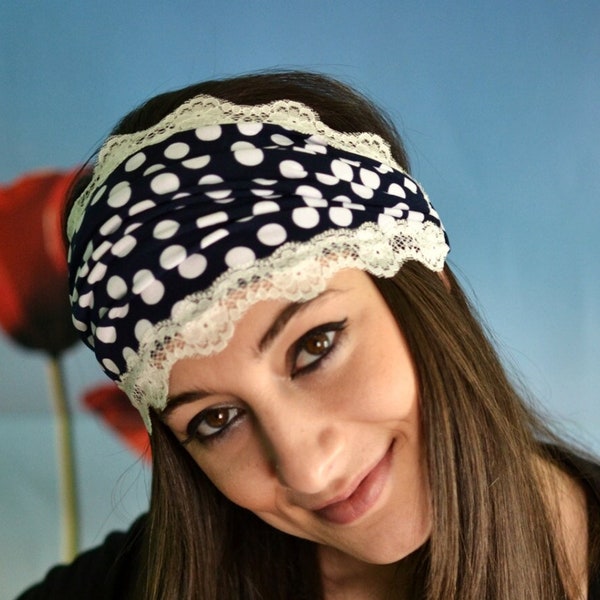 Dark Blue Headband With White Polka Dots Turban Elastic Jersey Headband Wrinkled Bandana With Ivory Lace- Handmade Head Accessories Headband