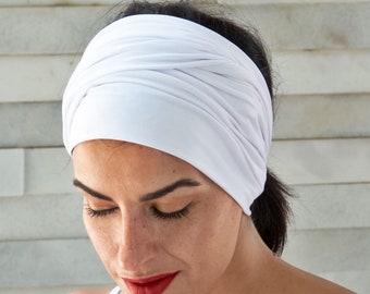 Stretch White Womens Head Scarf, Turban, Jersey Headband, Jersey Scarf, Head Wrap, Wide Scrunch Head Scarf, Fashion Head Scarf Yoga Headband