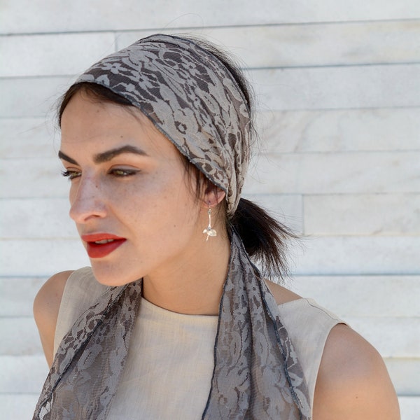 lace head covering scarf head wrap lace headband neck handmade scarf lace bandana floral scarf  crochet scarf lace veil mocha lace headband