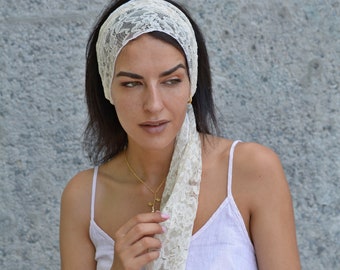 Ivory Lace Scarf Headcovering Tichel, Lace Bandana Ivory Lace Kerchief Mitpachat  Head Covering, Head Scarves Head Wrap Veil Lace Womens Hat