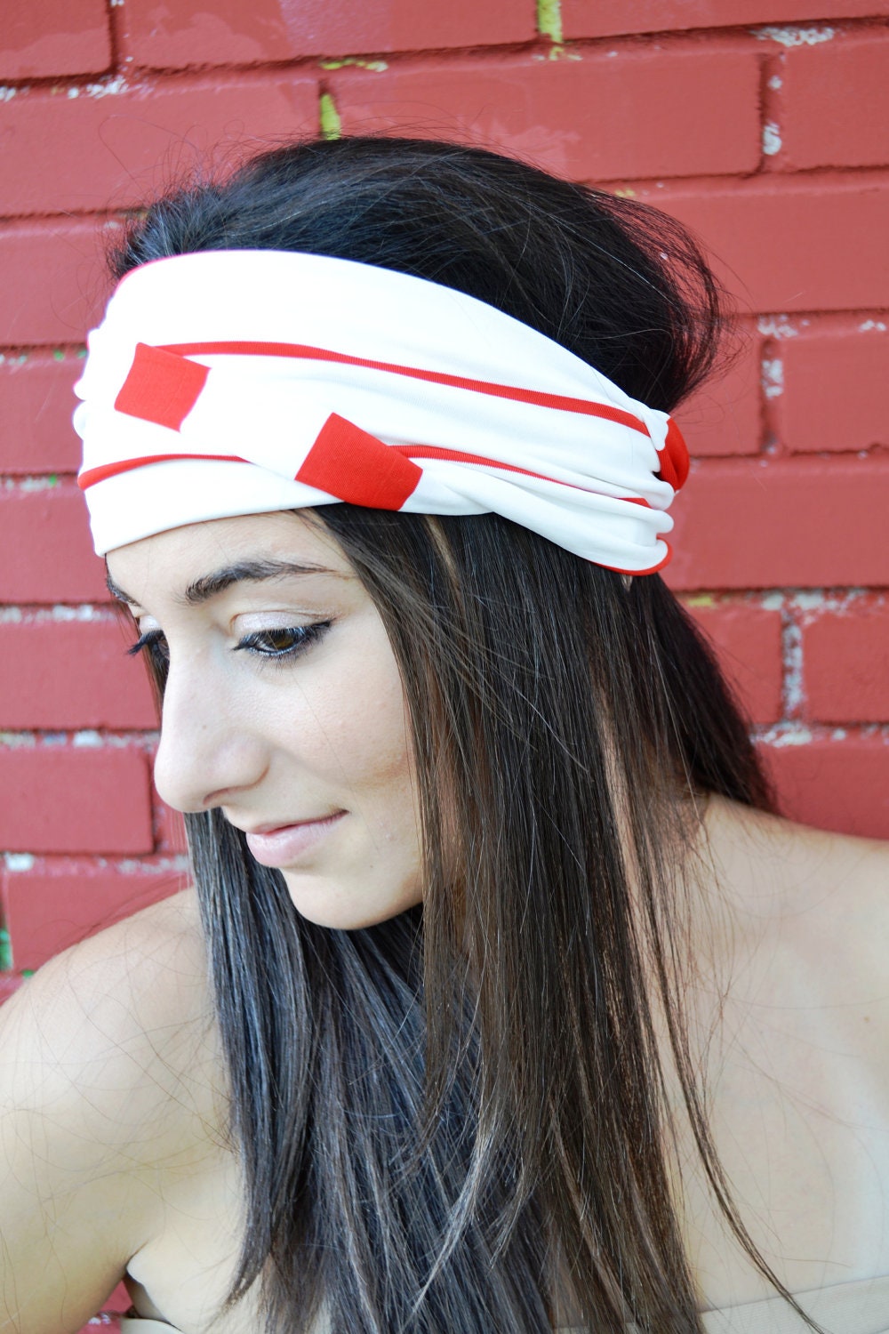Jersey Headband White Elastic with Red Lines Boho Headband Etsy
