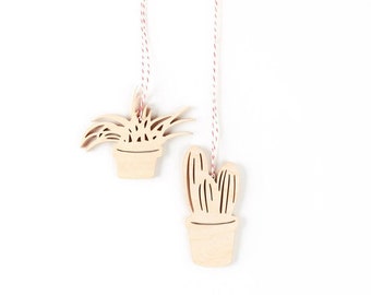 Cactus and Plant Ornaments- Lasercut Birch Wood (set of 2)